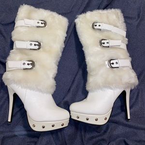 White faux furry silver buckled calf boots